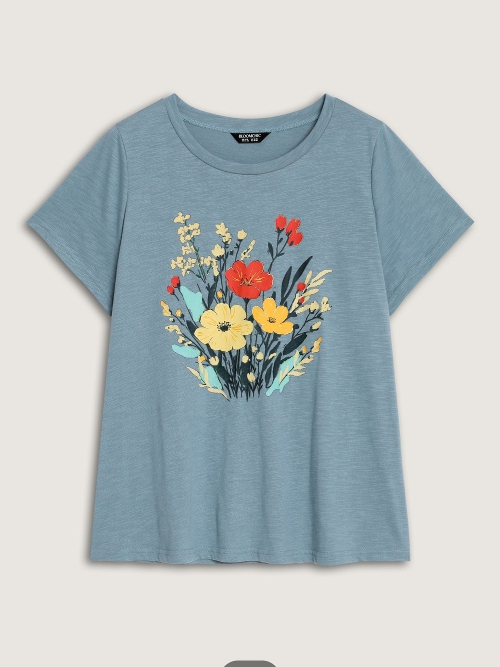 BloomChic Dusty Blue Floral Bouquet Short Sleeve Tee